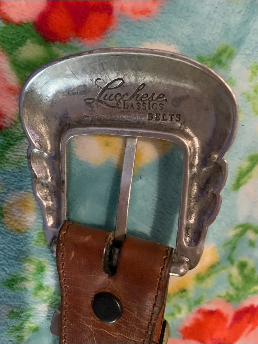 Vintage Lucchese Brown Goat Leather Belt & Silver Buckle